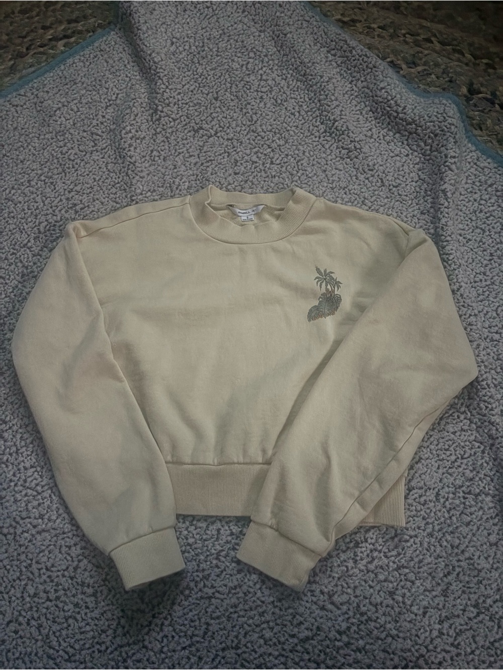 O'Neill Cream Crewneck crop sweatshirt with Palm Graphic